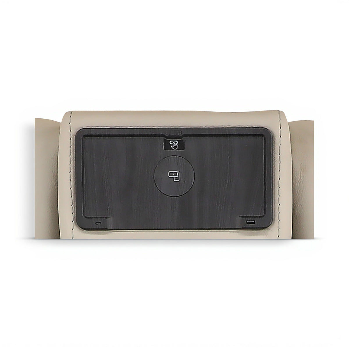 Reclining console panel with dark screen and circular control icon