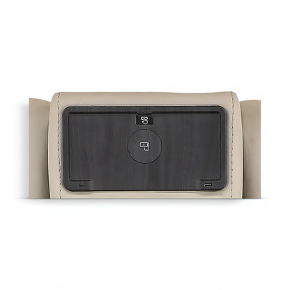 Reclining console panel with dark screen and circular control icon