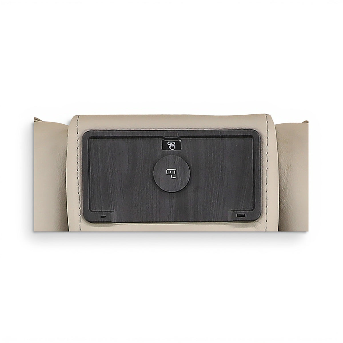 Reclining console panel with dark screen and circular icon, framed in light beige