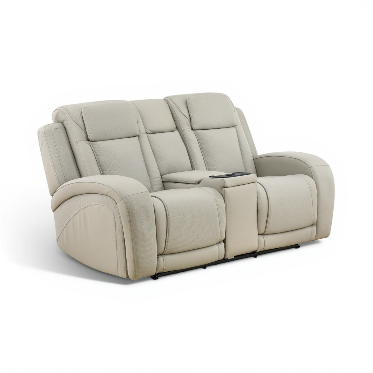 Power reclining console loveseat in light beige leather with curved armrests and recline