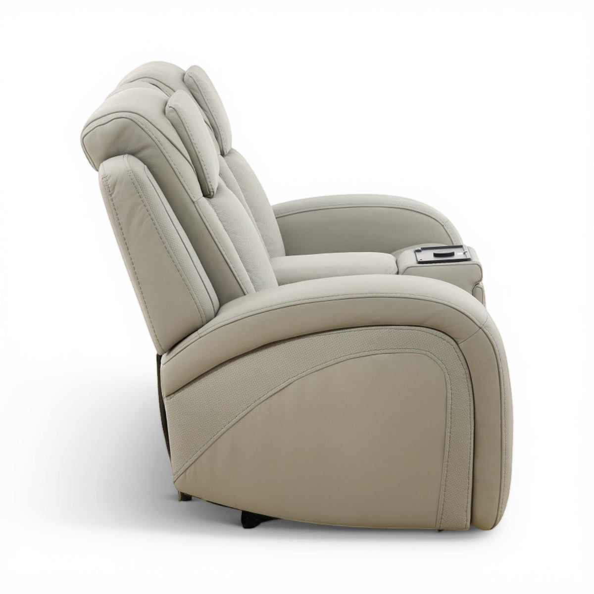 Power reclining chair section in light beige upholstery with side console control