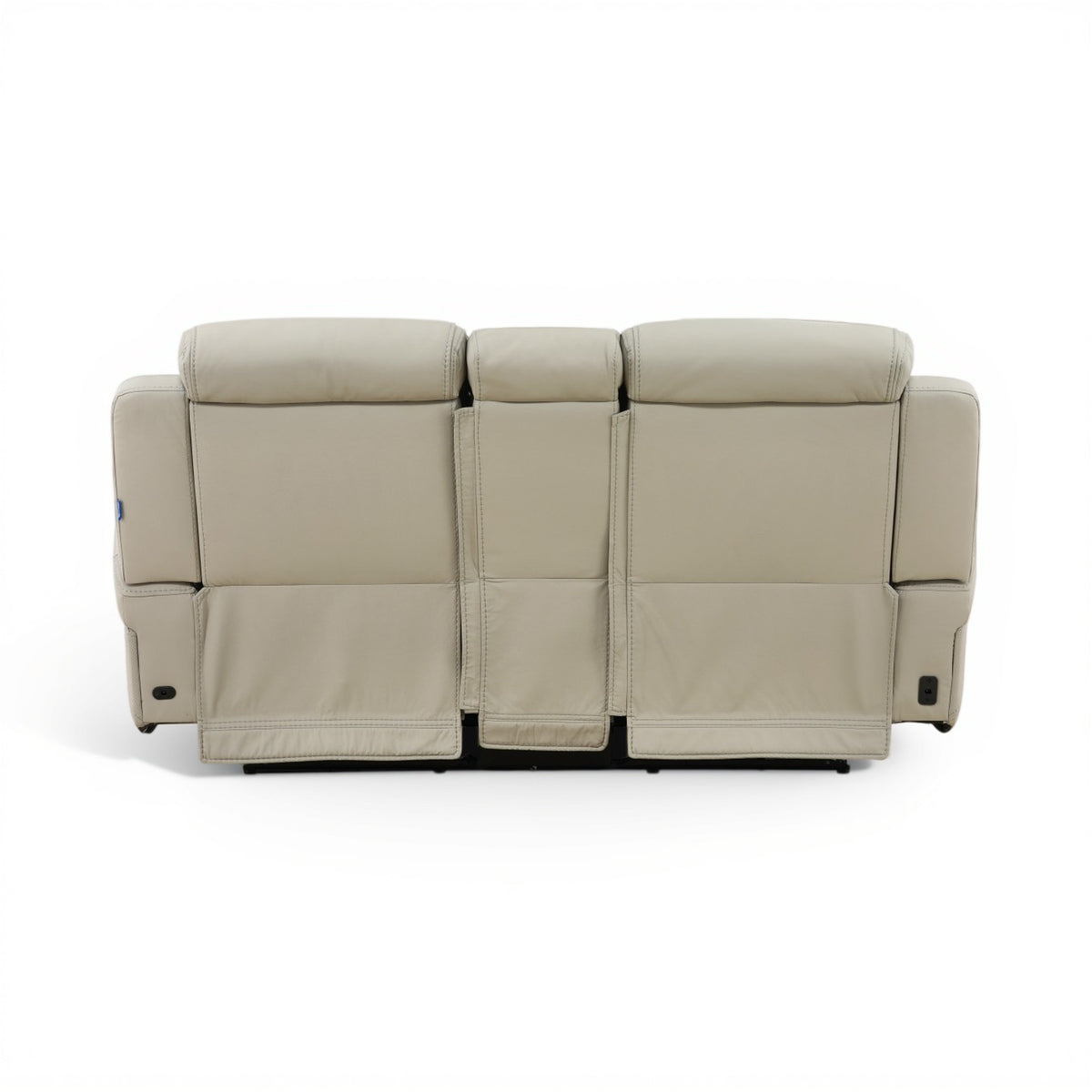 Power reclining console loveseat in light beige leather with three padded seat backs
