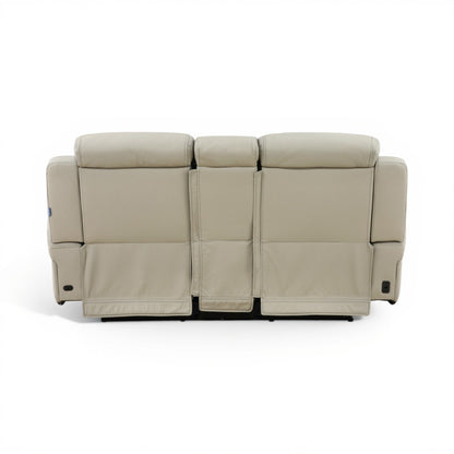 Power reclining console loveseat in light beige leather with three padded seat backs