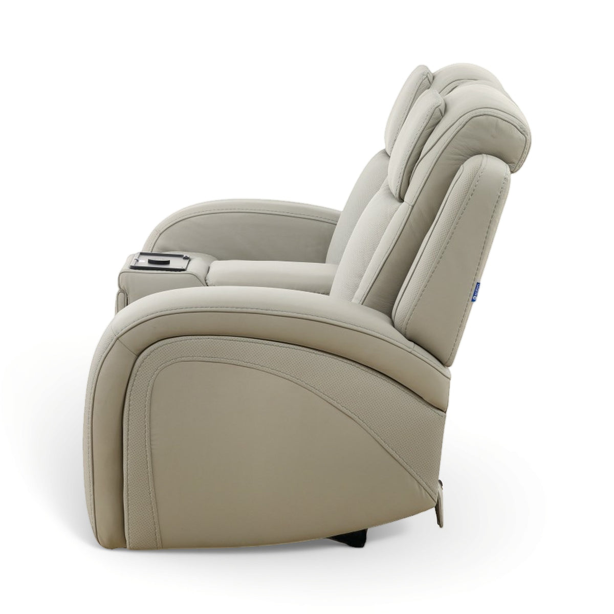 Power reclining loveseat chair with high back, arm console, and light beige upholstery