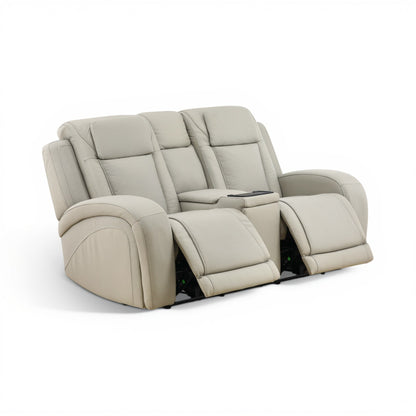 Reclining loveseat with two headrests and center console, light beige upholstery