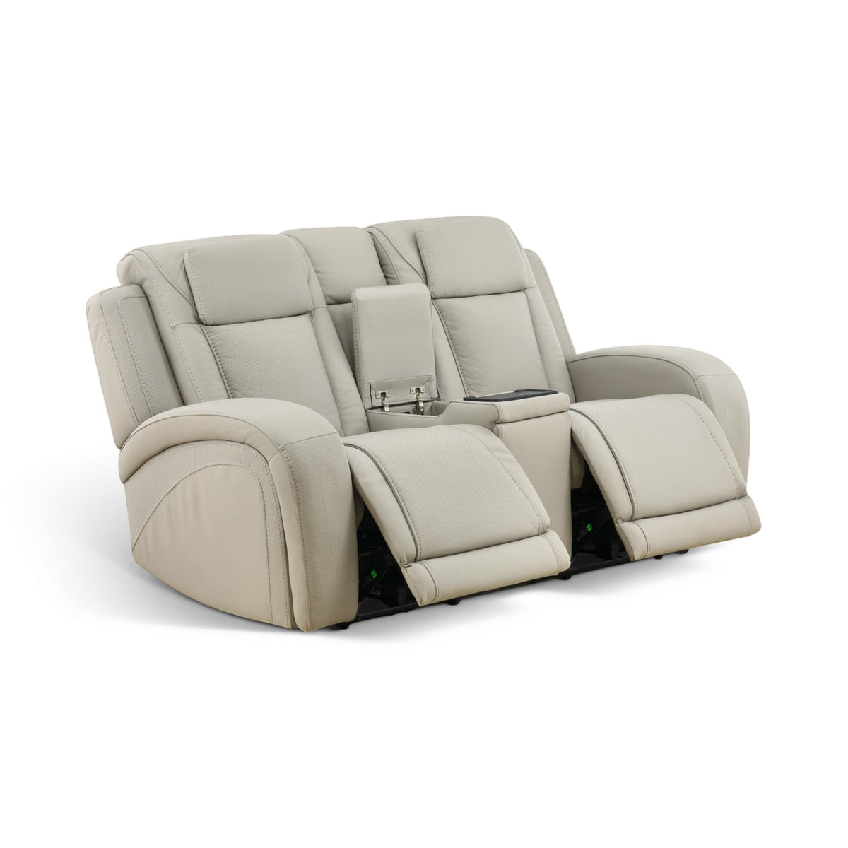 Reclining loveseat with two seats, light beige upholstery, and center console arm