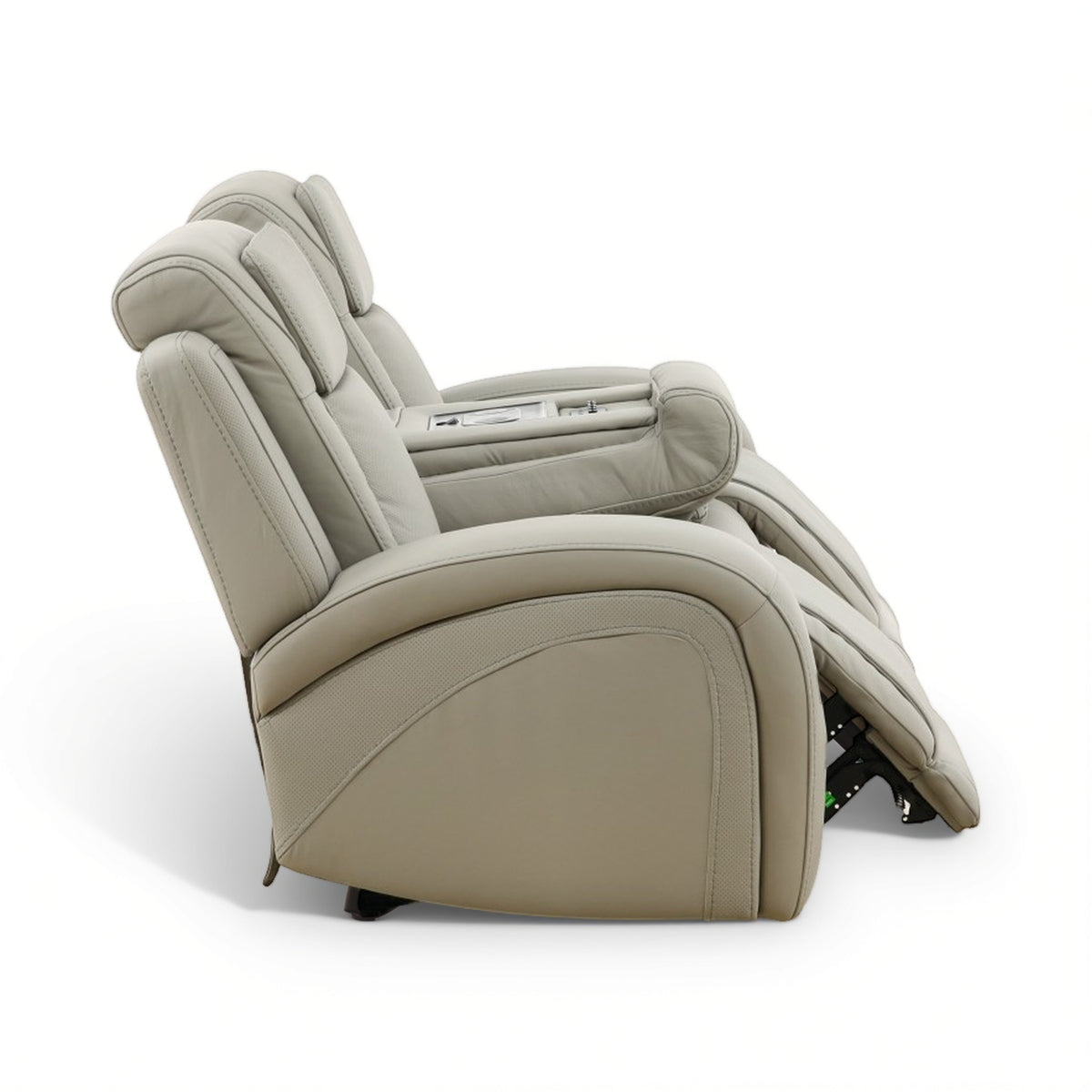 Beige leather power reclining sofa with padded armrests and footrest extension