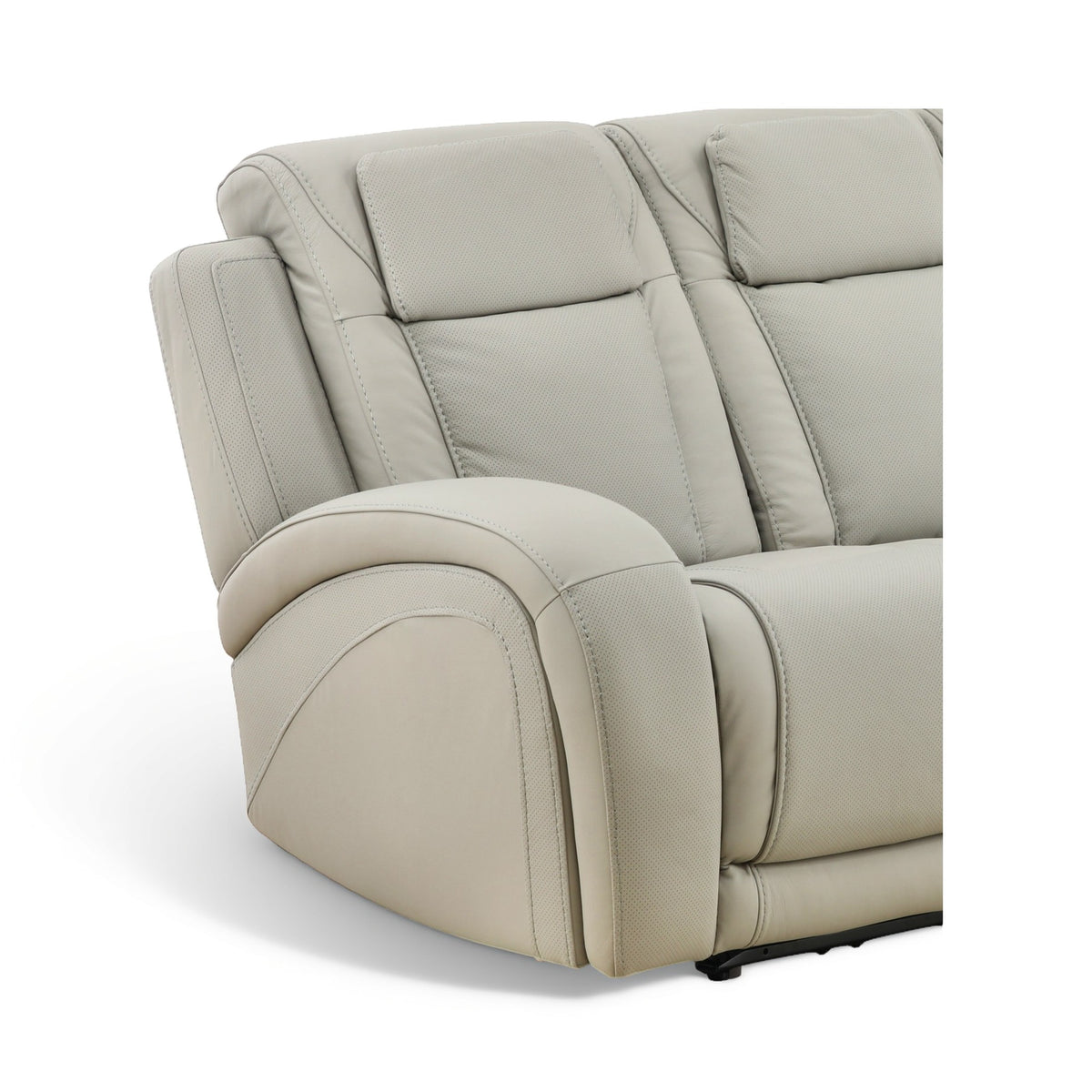 Beige leather recliner with thick arm and seat padding, curved control panel housing