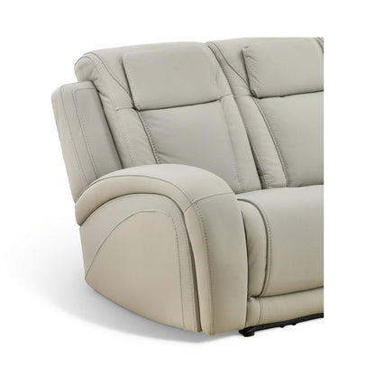 Beige leather recliner with thick arm and seat padding, curved control panel housing