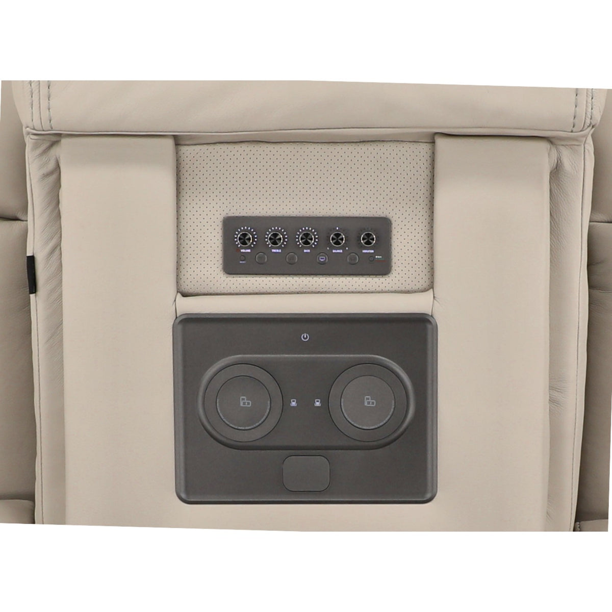 Beige recliner console showing control switches with back panel and speaker-style dials