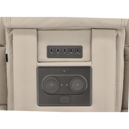 Beige recliner console showing control switches with back panel and speaker-style dials