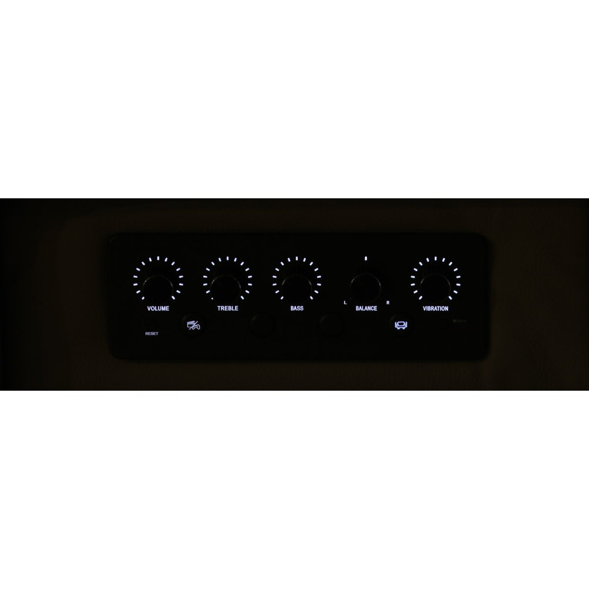 Control panel with illuminated dials for volume, treble, bass, balance, and vibration