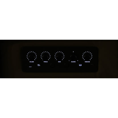 Control panel with illuminated dials for volume, treble, bass, balance, and vibration