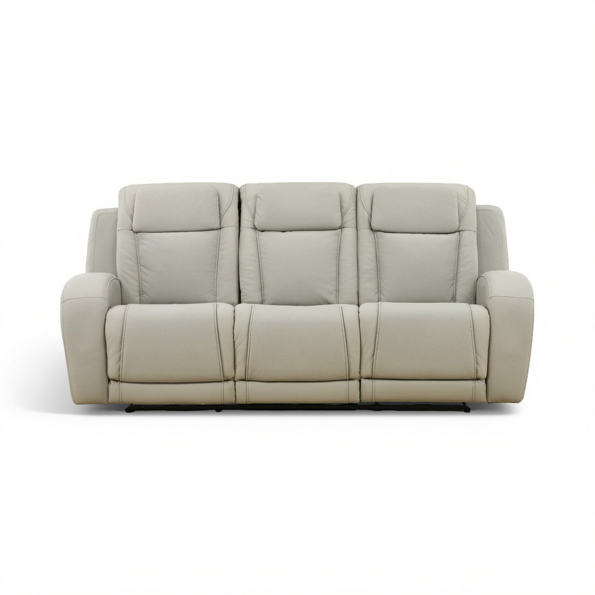 Light beige leather power reclining sofa with three padded seat sections