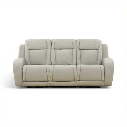 Light beige leather power reclining sofa with three padded seat sections