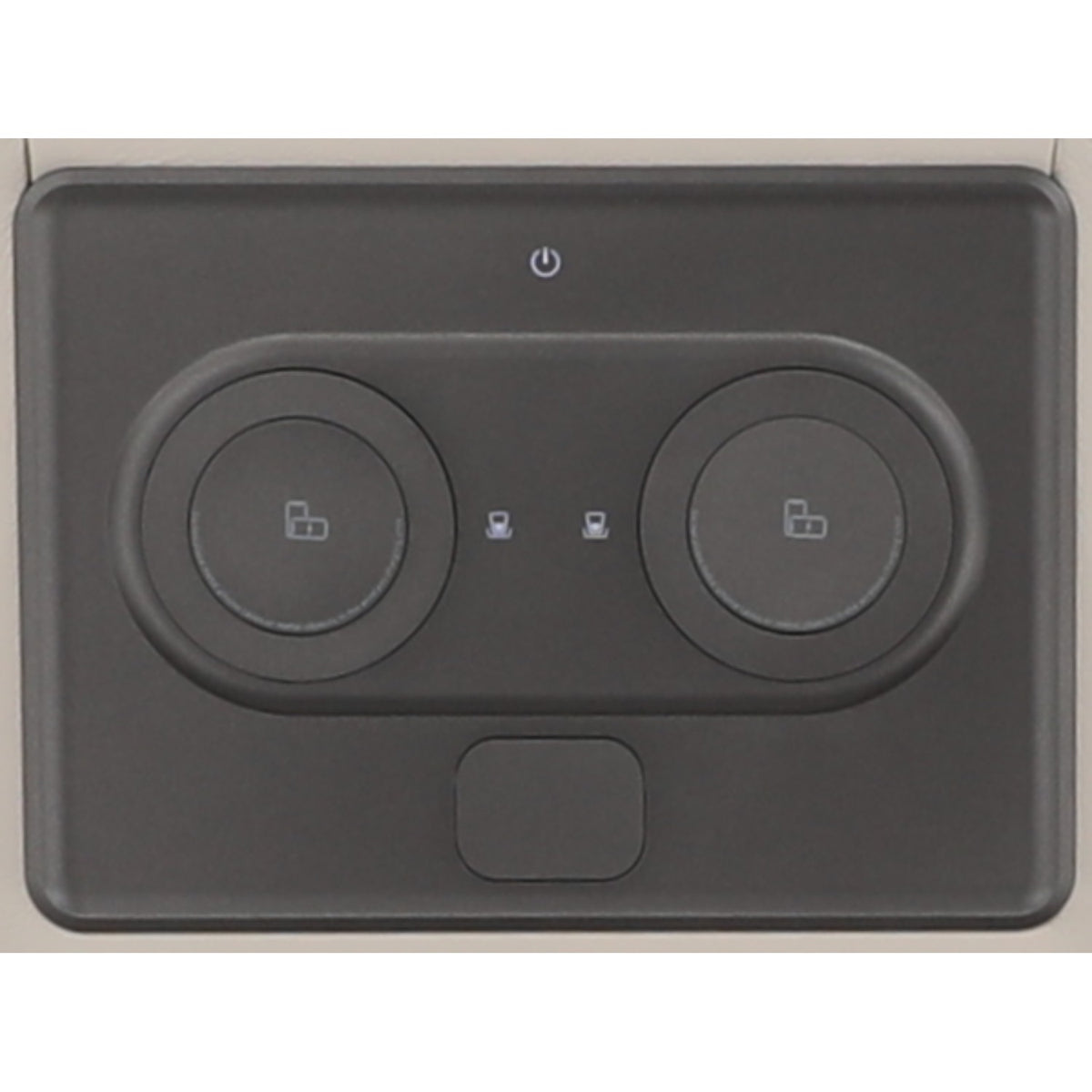 Gray recliner control face with two circular buttons and power indicator icon