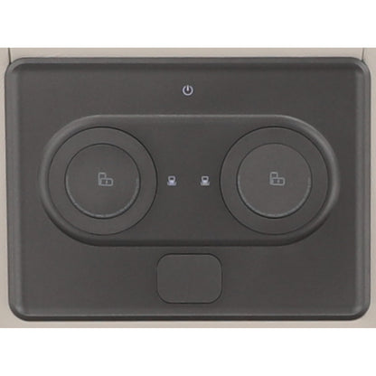 Gray recliner control face with two circular buttons and power indicator icon