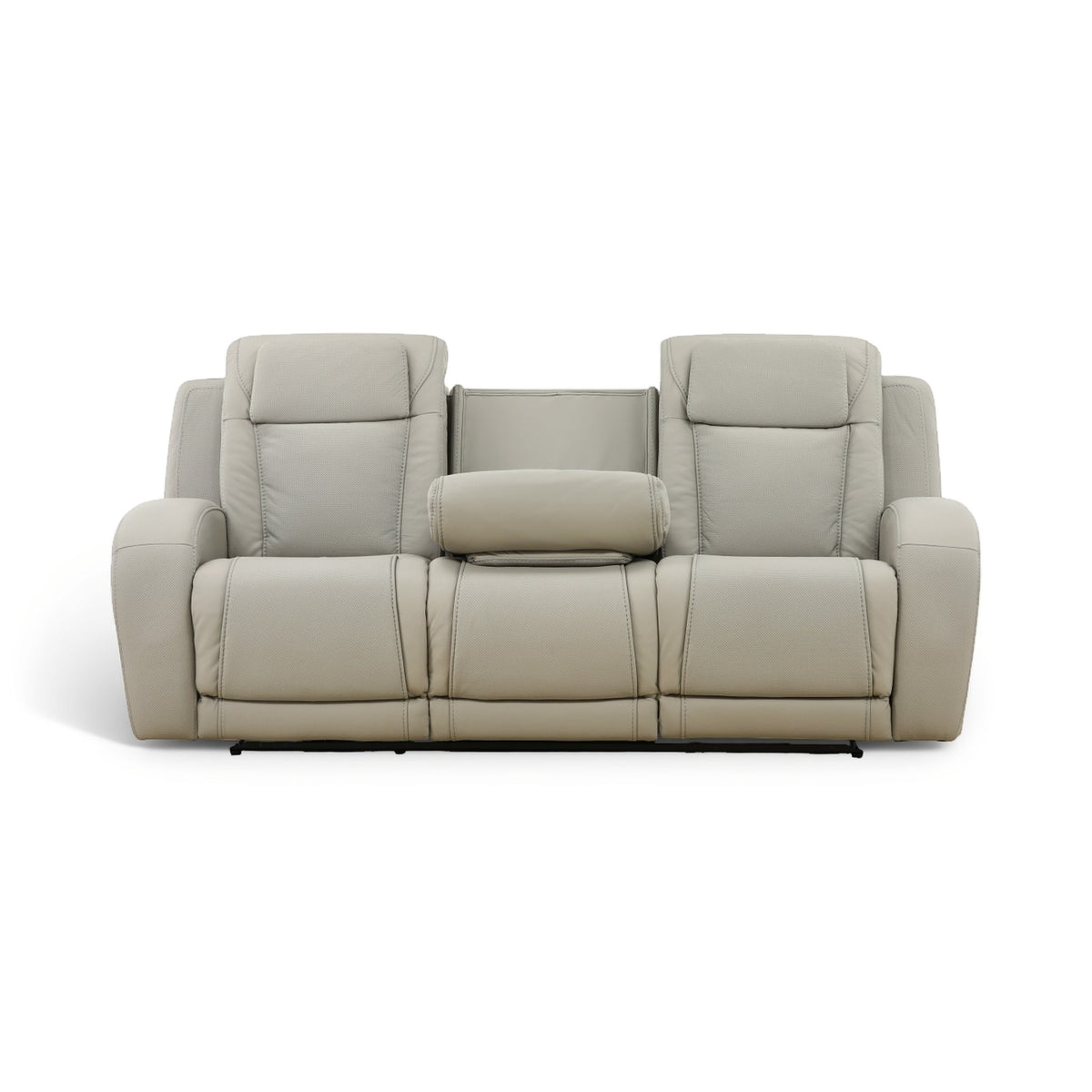 Light beige leather power reclining sofa with padded armrests and three seat cushions