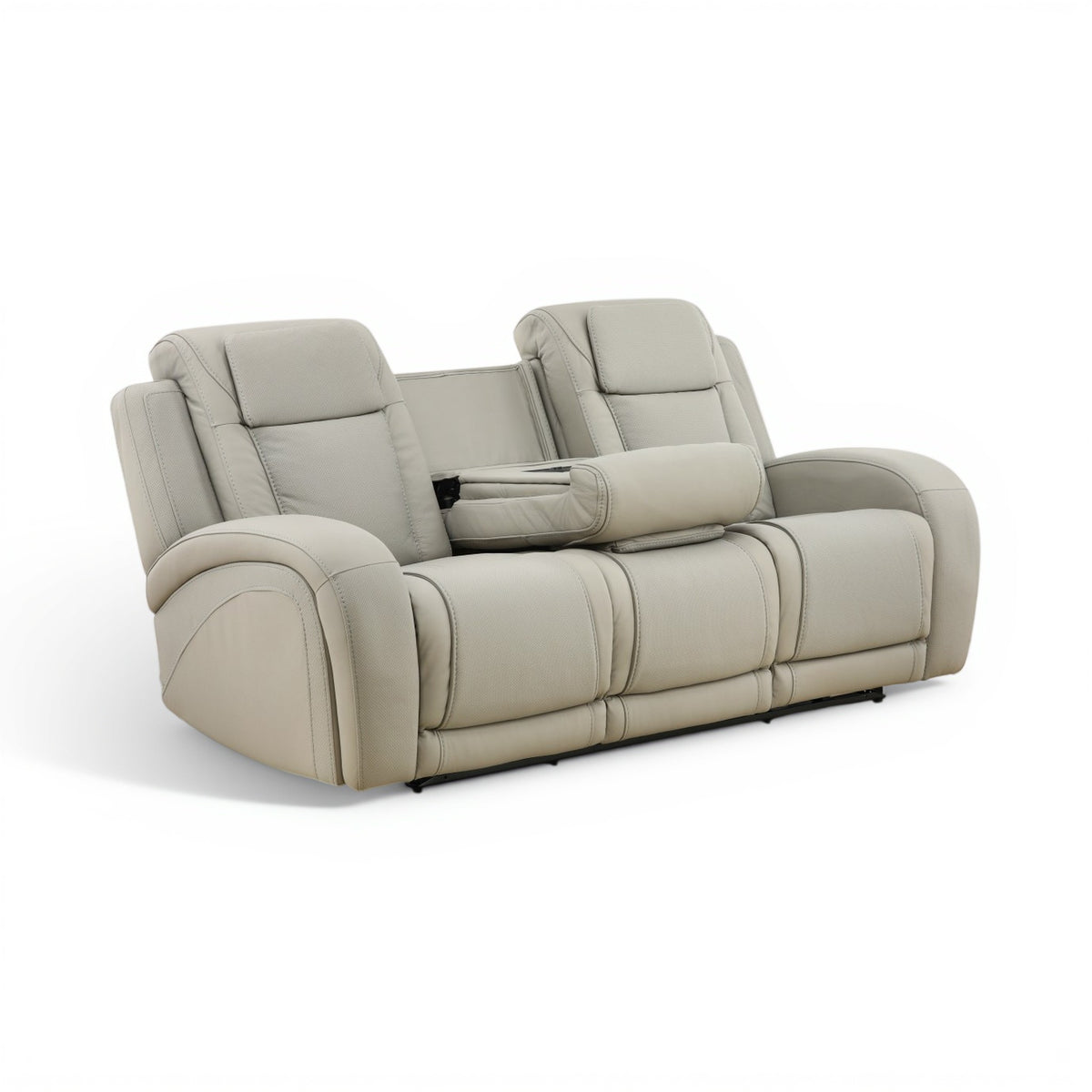 Light beige leather power recliner sofa with chaise-style seating and two headrests
