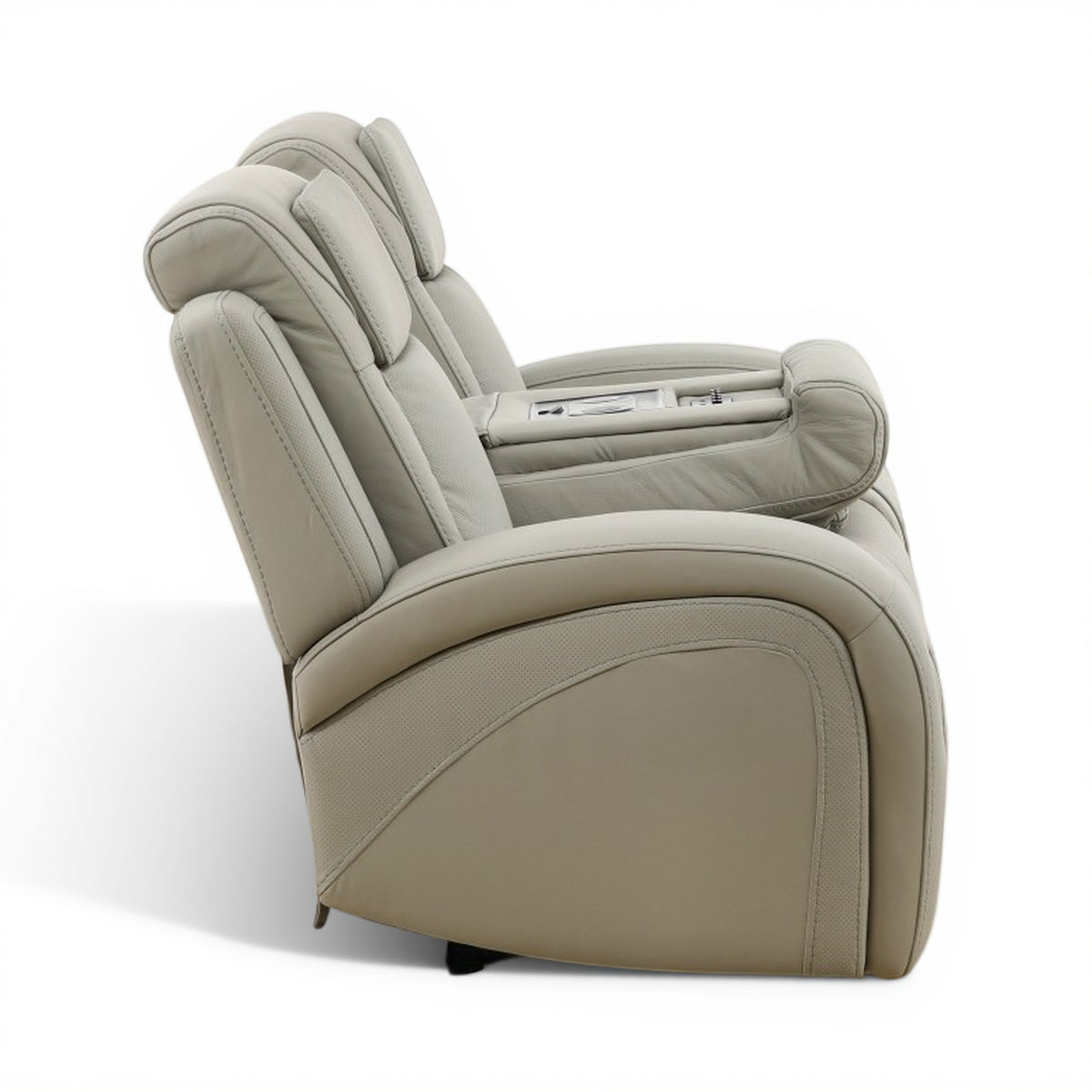 Light beige leather power recliner sofa with reclined back and curved armrest