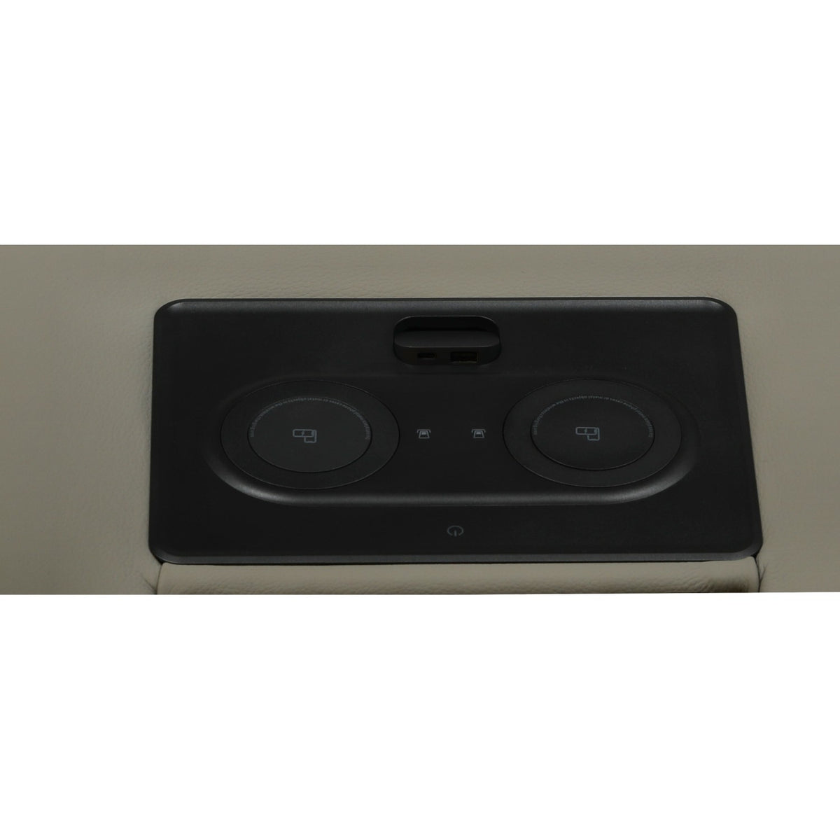 Black power control panel with icon buttons on the sofa armrest