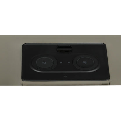 Black power control panel with icon buttons on the sofa armrest