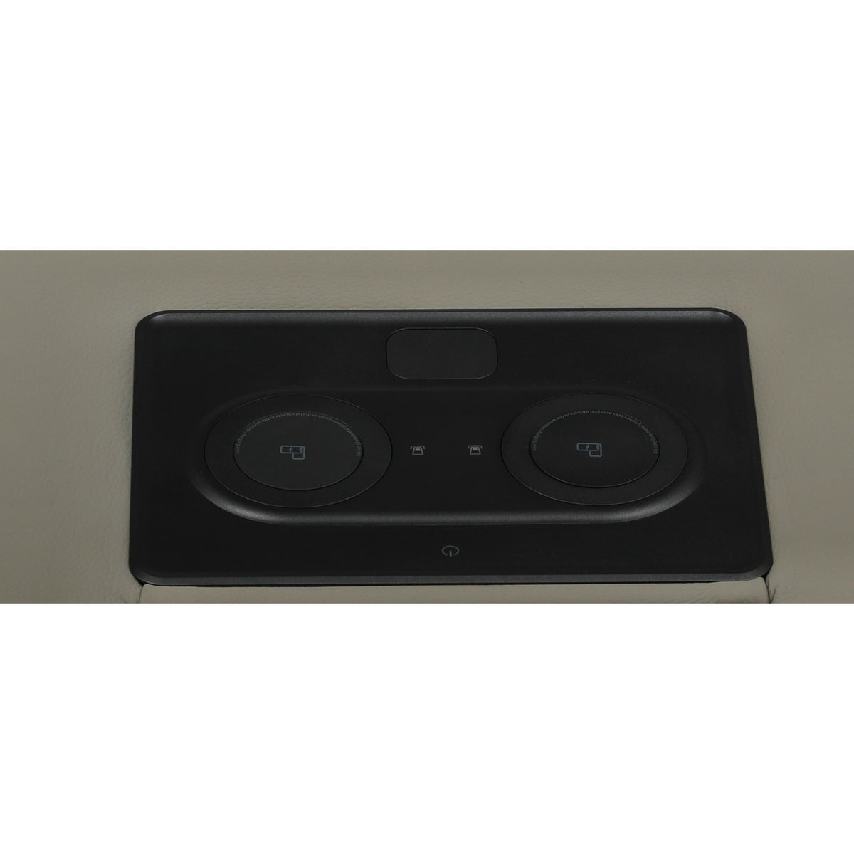 Black power control panel with two large icons and small center buttons