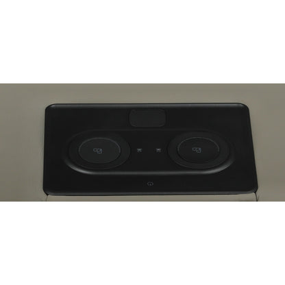 Black power control panel with two large icons and small center buttons