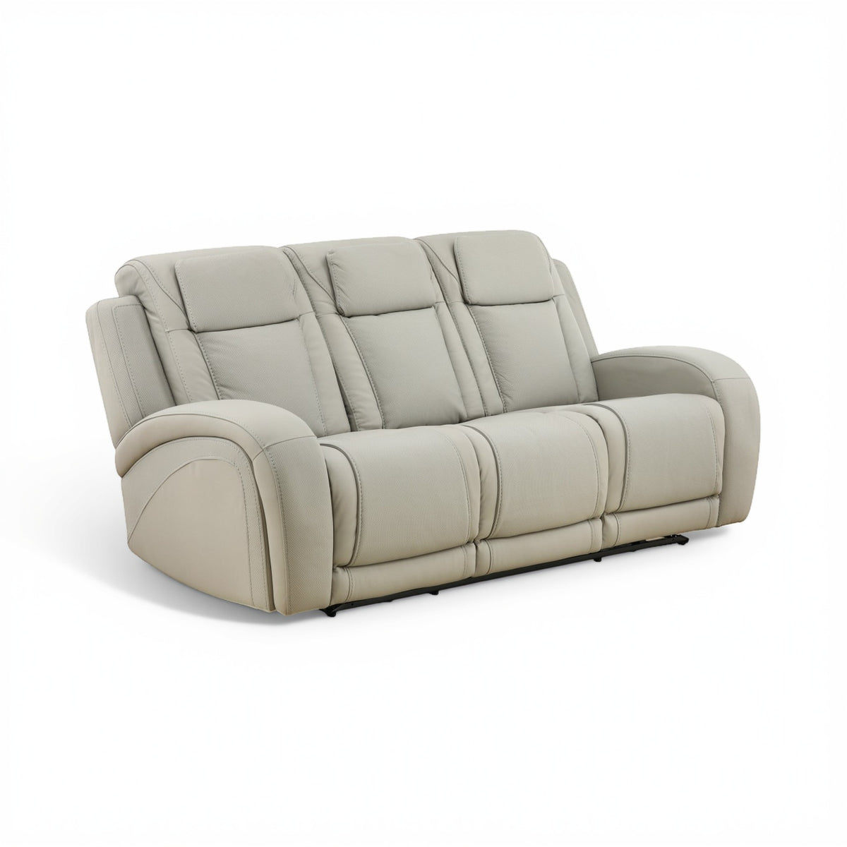 Light beige leather power reclining sofa in a reclined side view