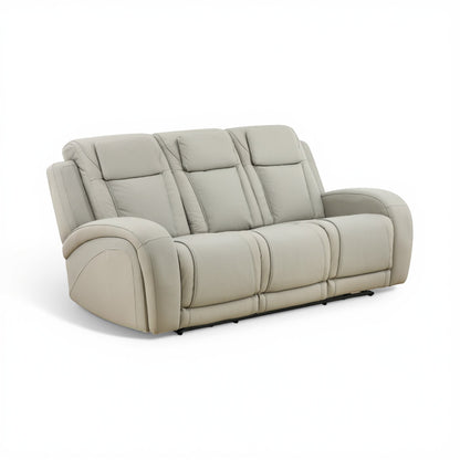 Light beige leather power reclining sofa in a reclined side view