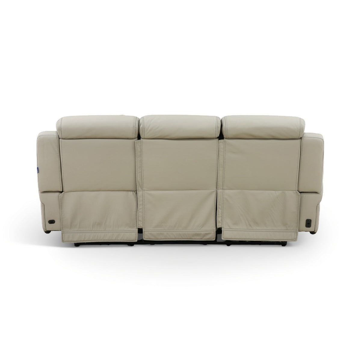 Light beige leather power reclining sofa front view with three back cushions