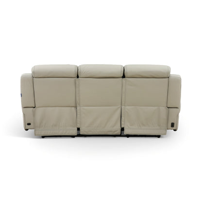 Light beige leather power reclining sofa front view with three back cushions