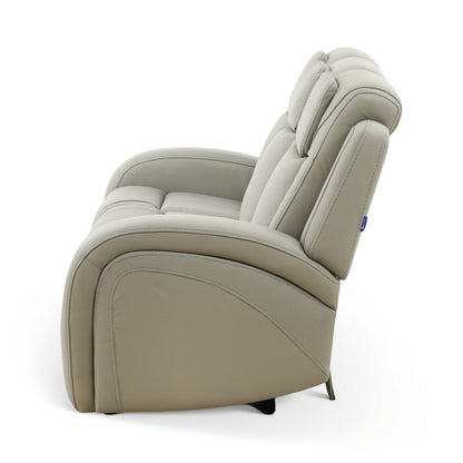 Light beige leather recliner sofa side profile with curved arm and seat