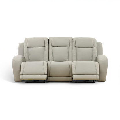 Light beige leather power reclining sofa front view with three reclined cushions