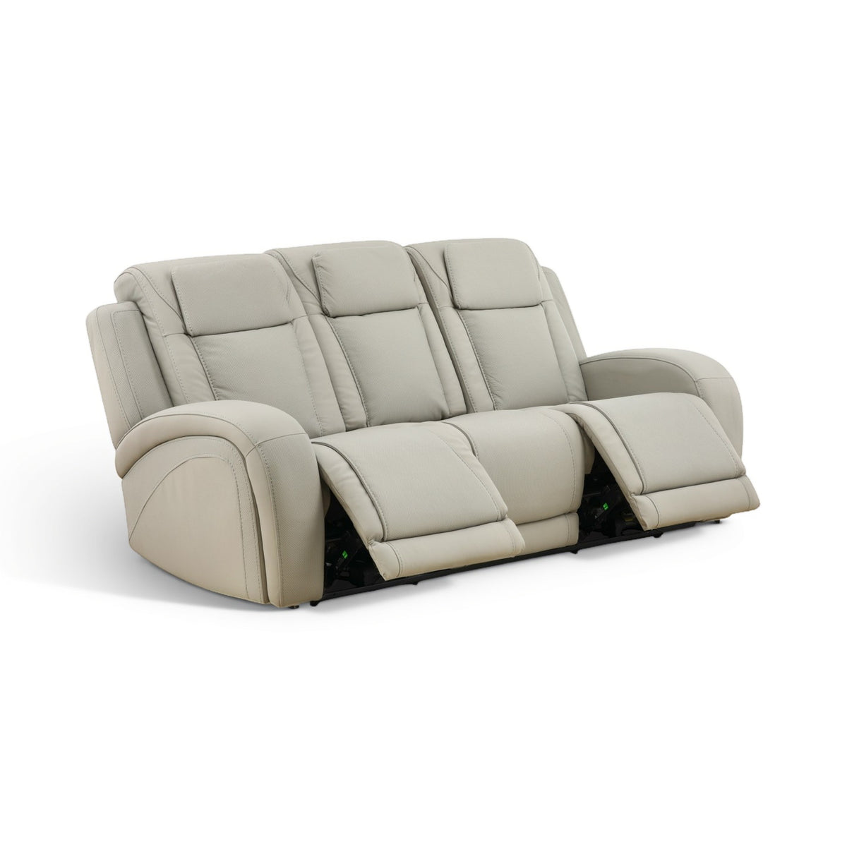 Light beige leather power reclining sofa angled view showing recline positions