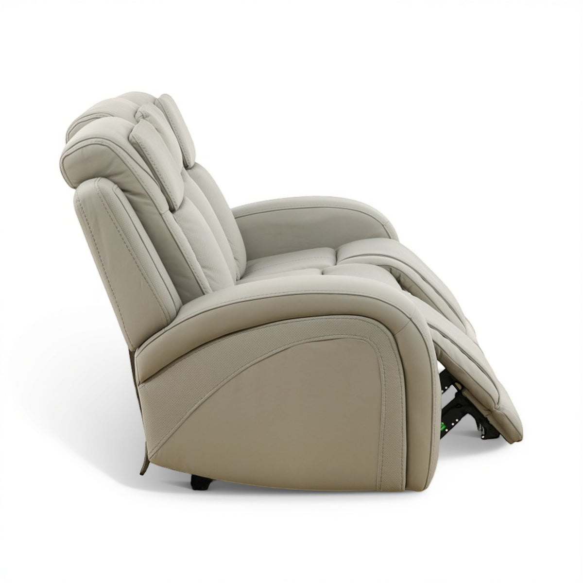 Light beige leather power recliner sofa side view with extended leg support