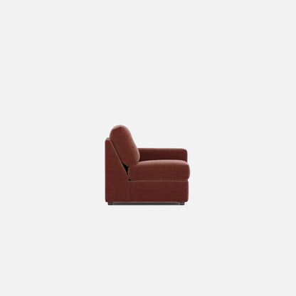 Merlot modular lounge chair side view with tall back cushion and padded armrest