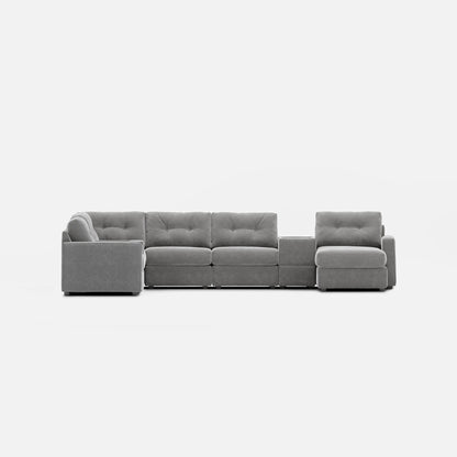 Gray modular sectional sofa with tufted cushions and chaise-style end seats