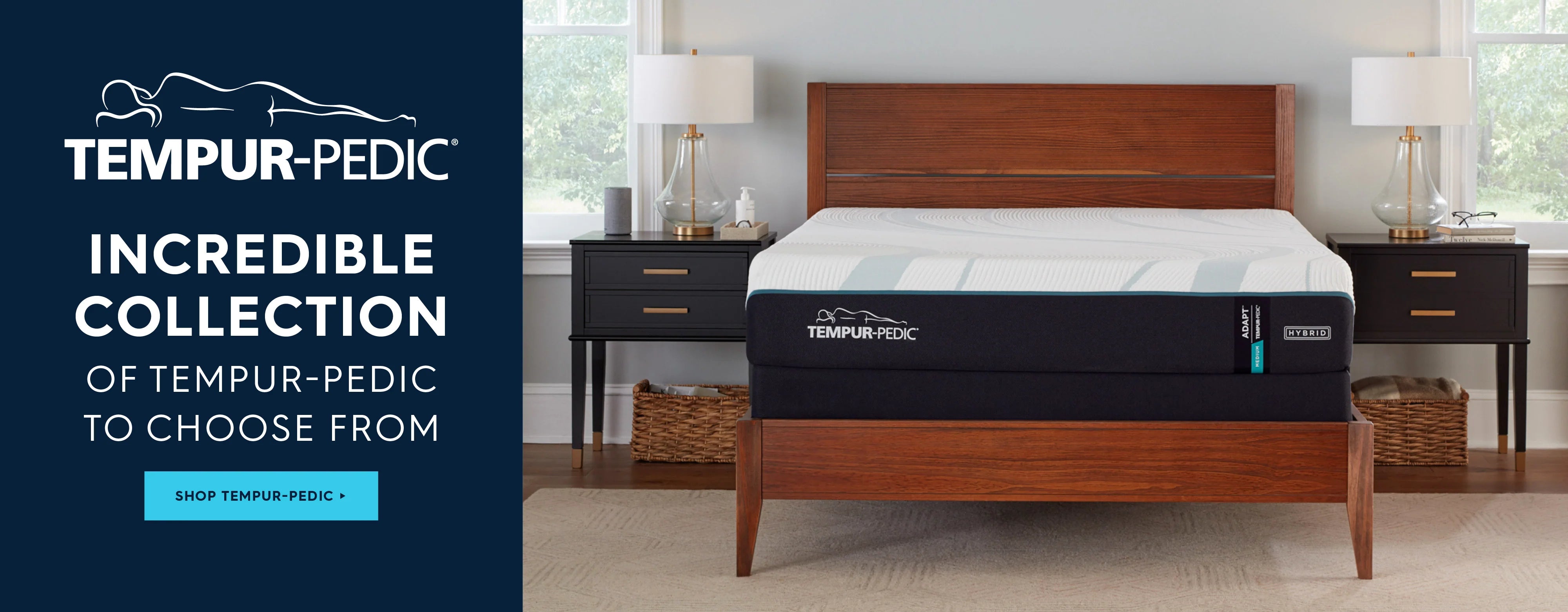 Tempur-Pedic mattress on a wooden bed frame with a bedroom setting and brand logo. Tempur-Pedic. Incredible collection of Tempur-Pedic to choose from. Shop Tempur-Pedic.
