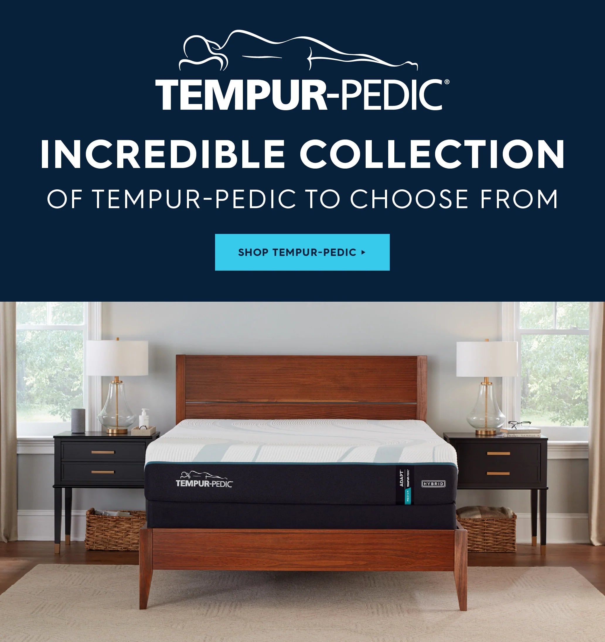 Tempur-Pedic mattress on a wooden bed frame with a bedroom setting and brand logo. Tempur-Pedic. Incredible collection of Tempur-Pedic to choose from. Shop Tempur-Pedic.