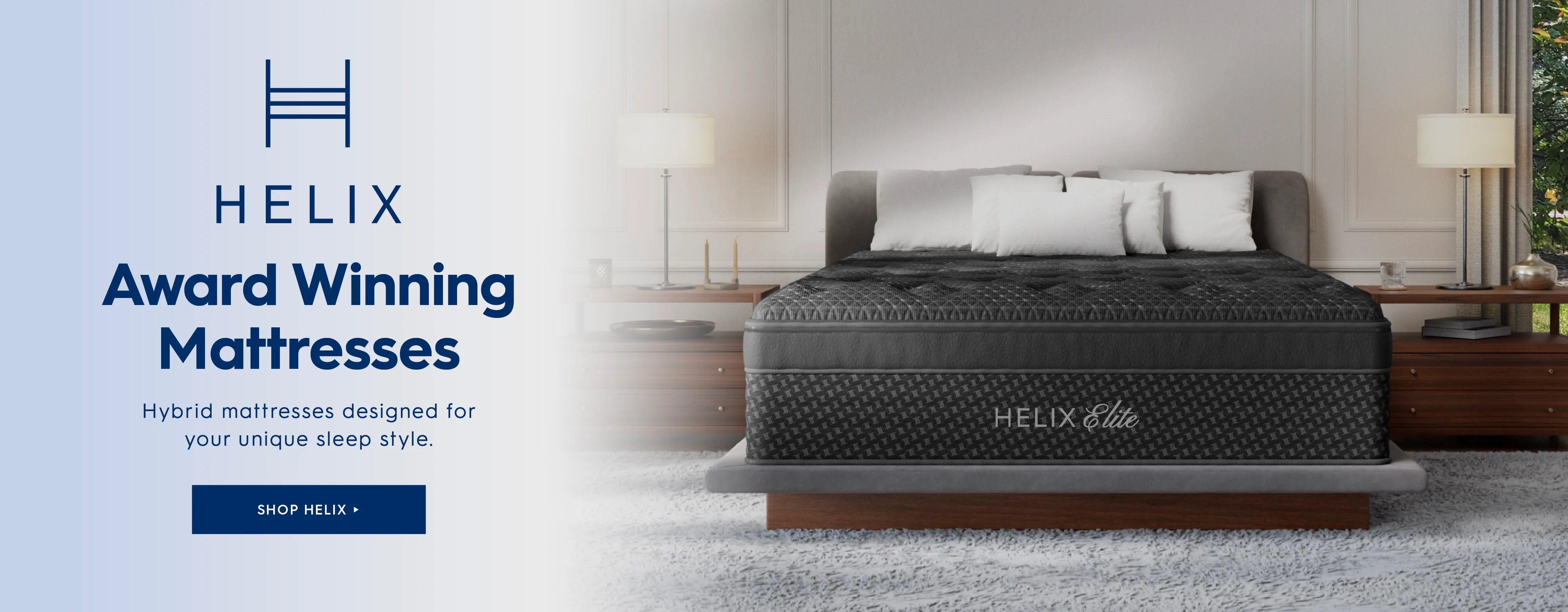 Helix Award Winning Mattress shown on a bed in a modern bedroom setting, with promotional text on the left side. Helix award winning mattresses. Hybrid mattresses designed for your unique sleep style. Shop Helix.