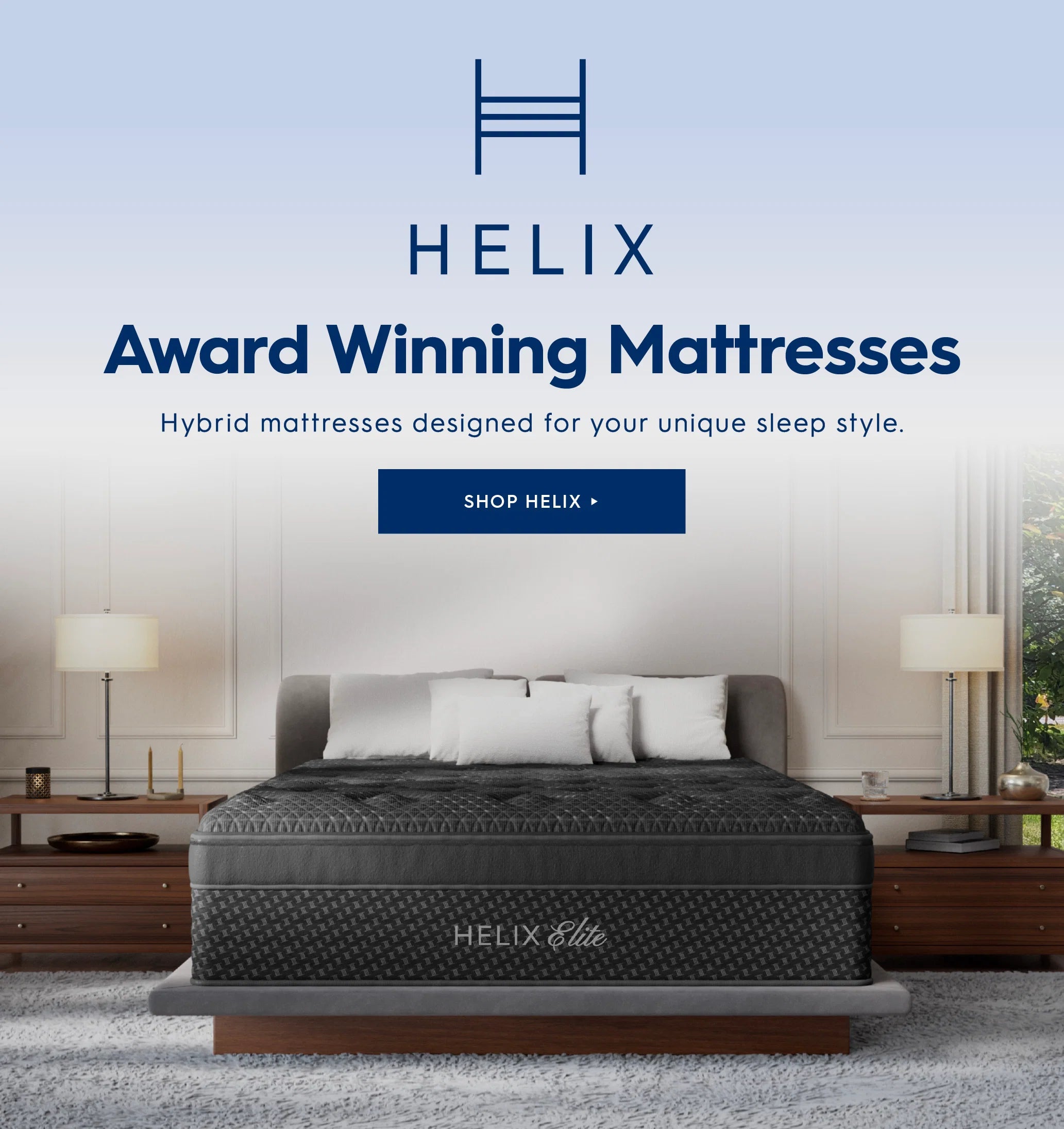 Helix Award Winning Mattress shown on a bed in a modern bedroom setting, with promotional text on the left side. Helix award winning mattresses. Hybrid mattresses designed for your unique sleep style. Shop Helix.