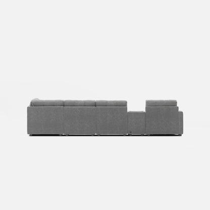 Light gray modular sectional sofa with low back and matching ottoman-style seats