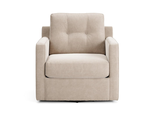 Light beige upholstered swivel chair with tufted back and padded armrests