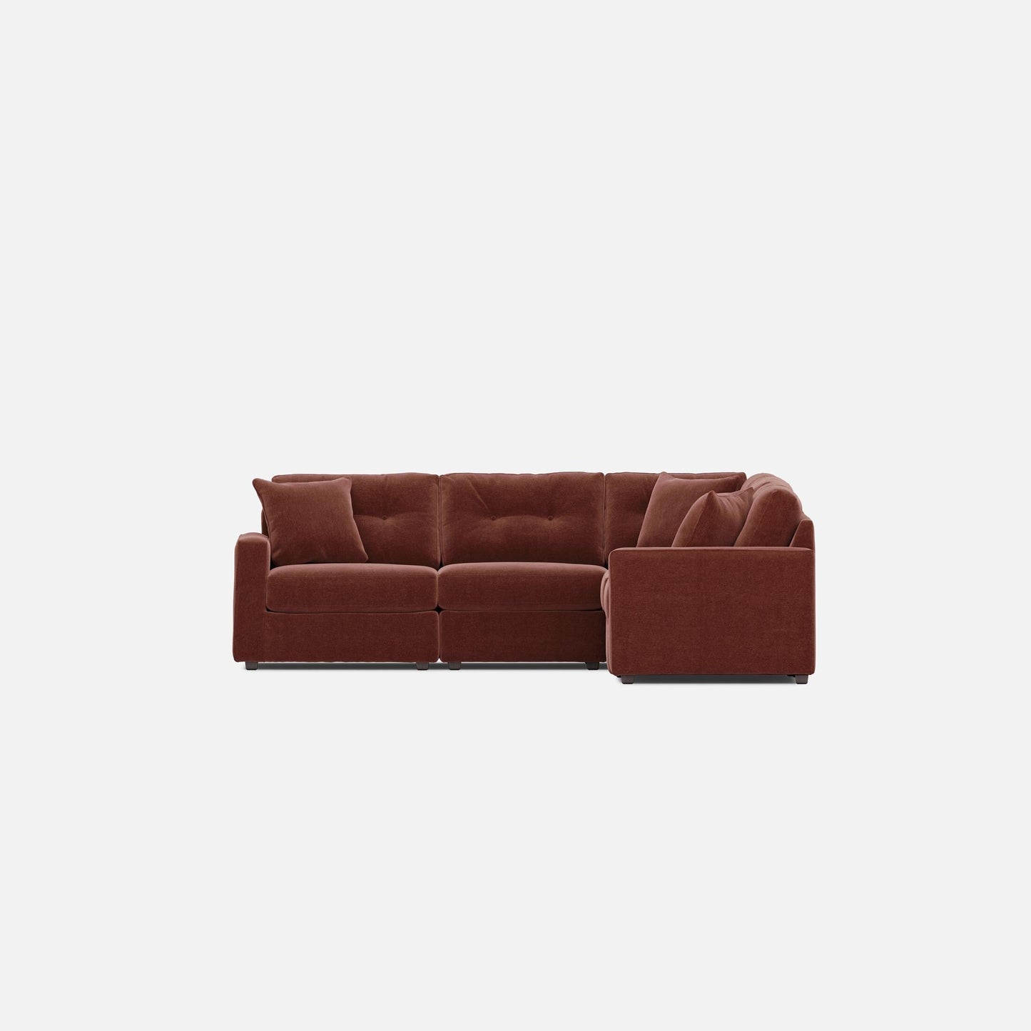 Merlot red sectional sofa with right arm chaise, tufted back panels and seat cushions