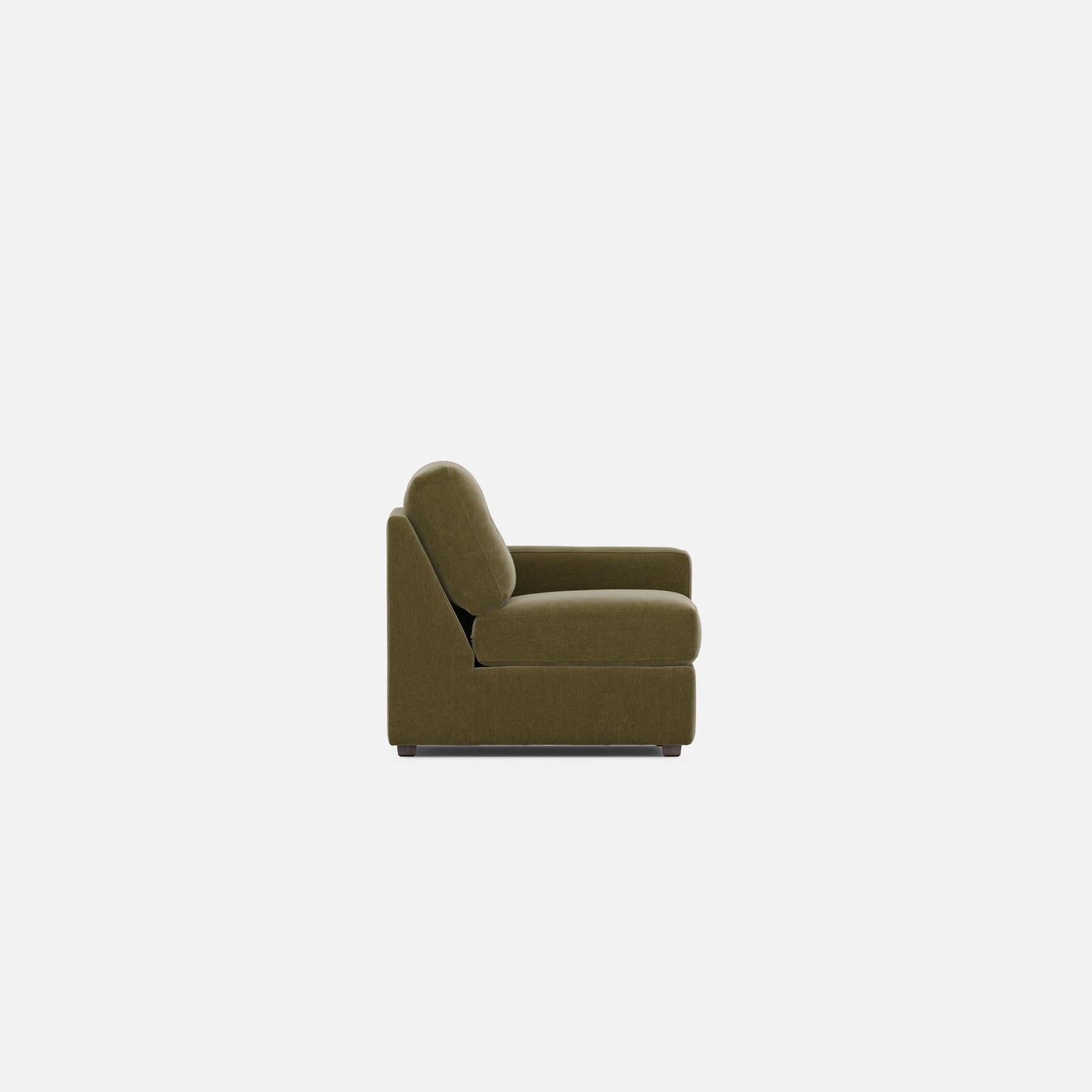 Olive modular lounge chair side view with tall back cushion and padded armrest