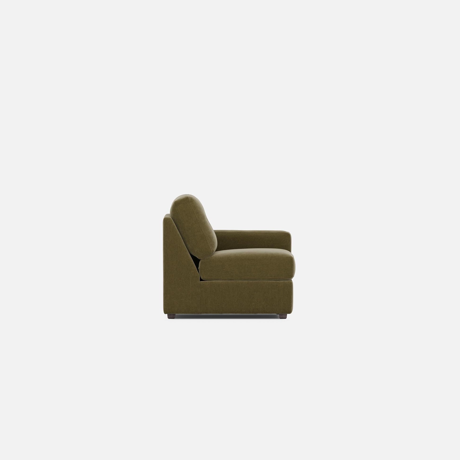 Olive modular lounge chair side view with tall back cushion and padded armrest