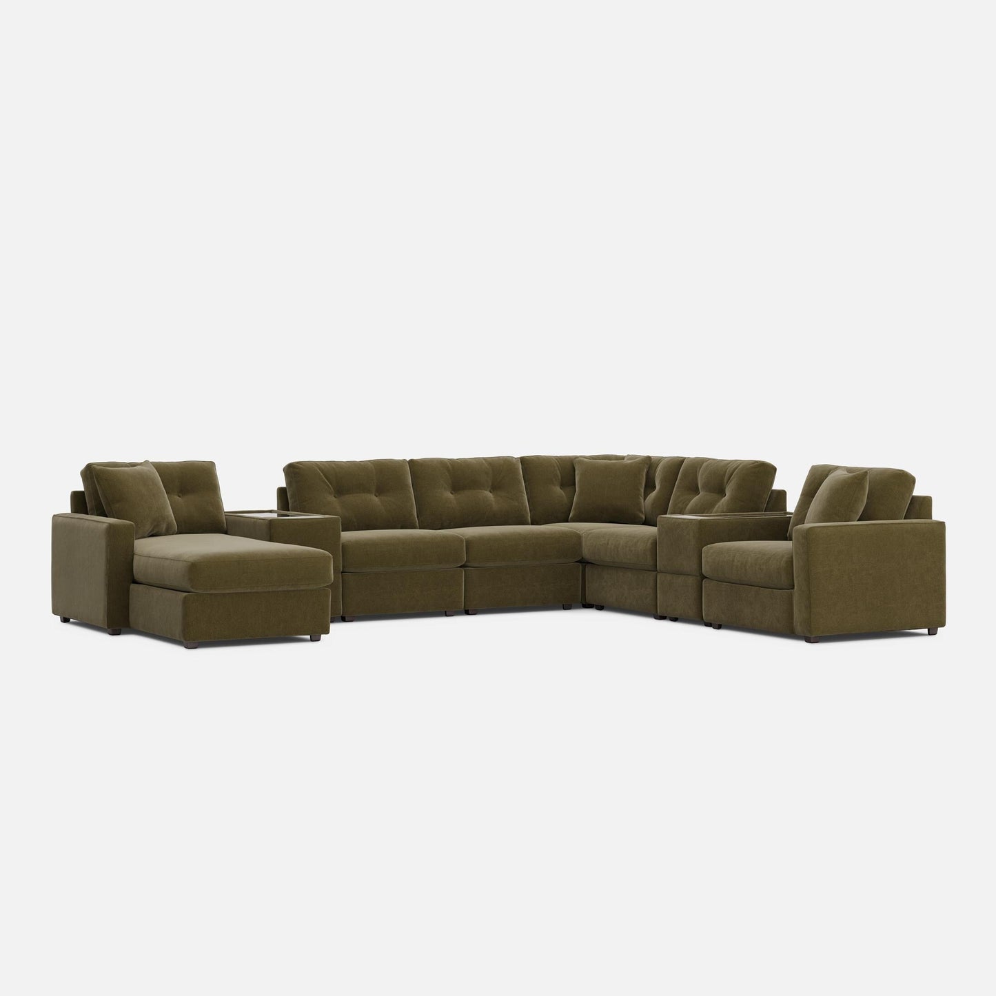 Olive modular sectional sofa with deep seats, armless corner, and side chaise