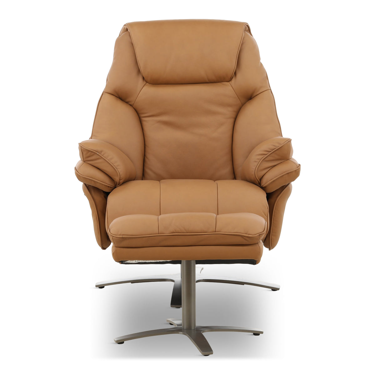 Tan leather power swivel chair with integrated ottoman and cushioned armrests