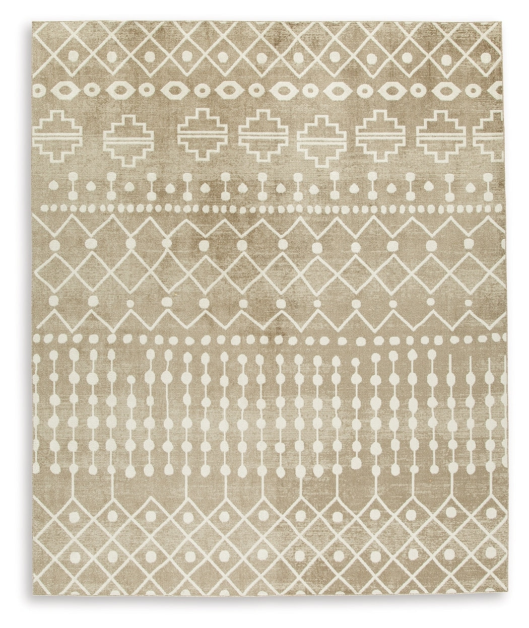 Beige and white geometric area rug with horizontal borders and medallion motifs